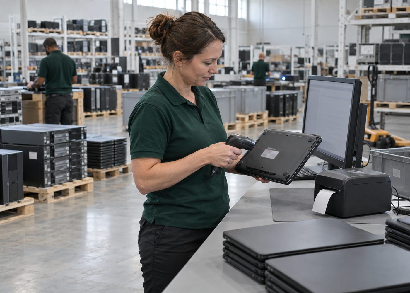 Medewerker registreert apparatuur bij het registratie-station