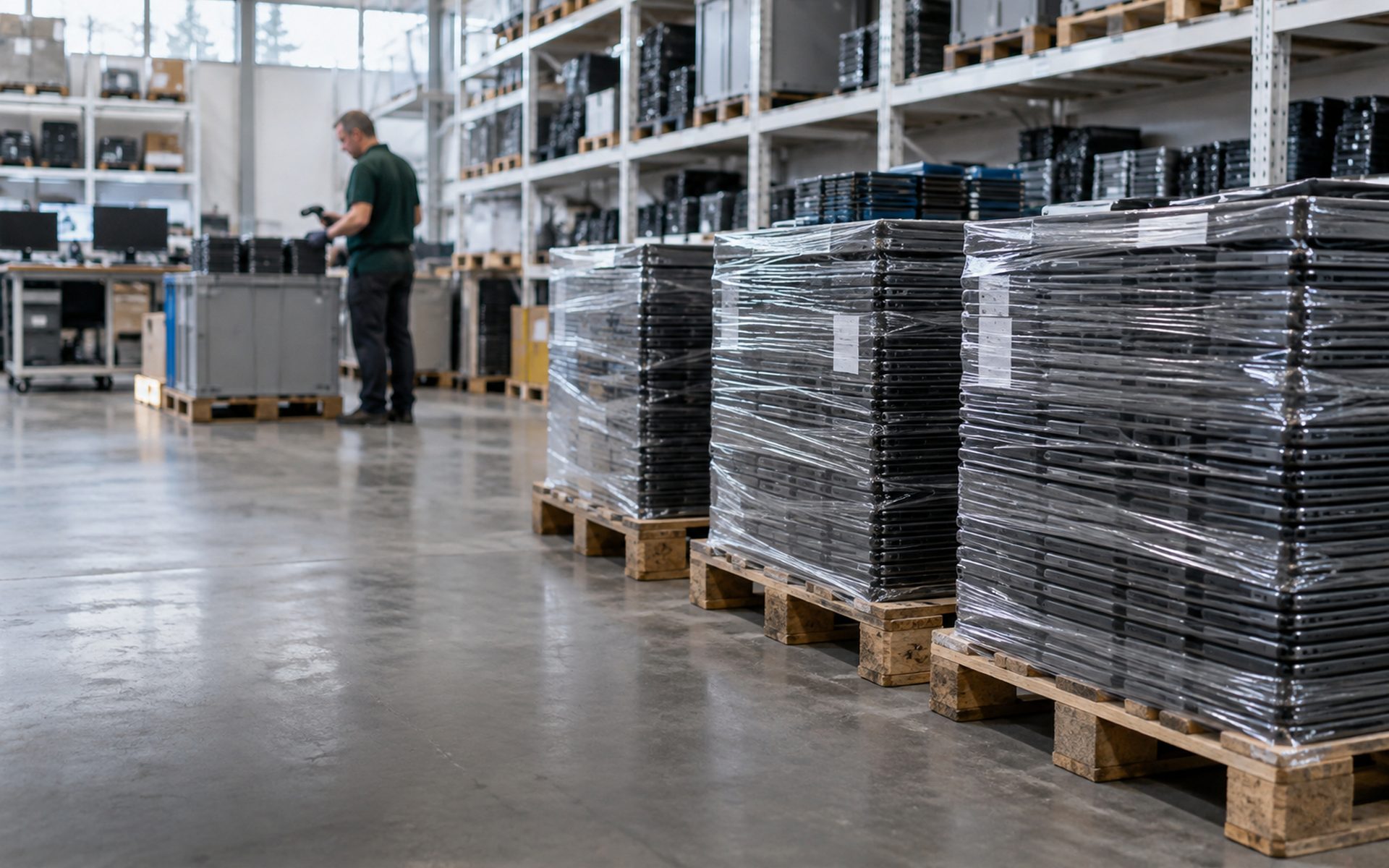Pallets met afgeschreven laptops in de verwerkingsloods van RQNX IT